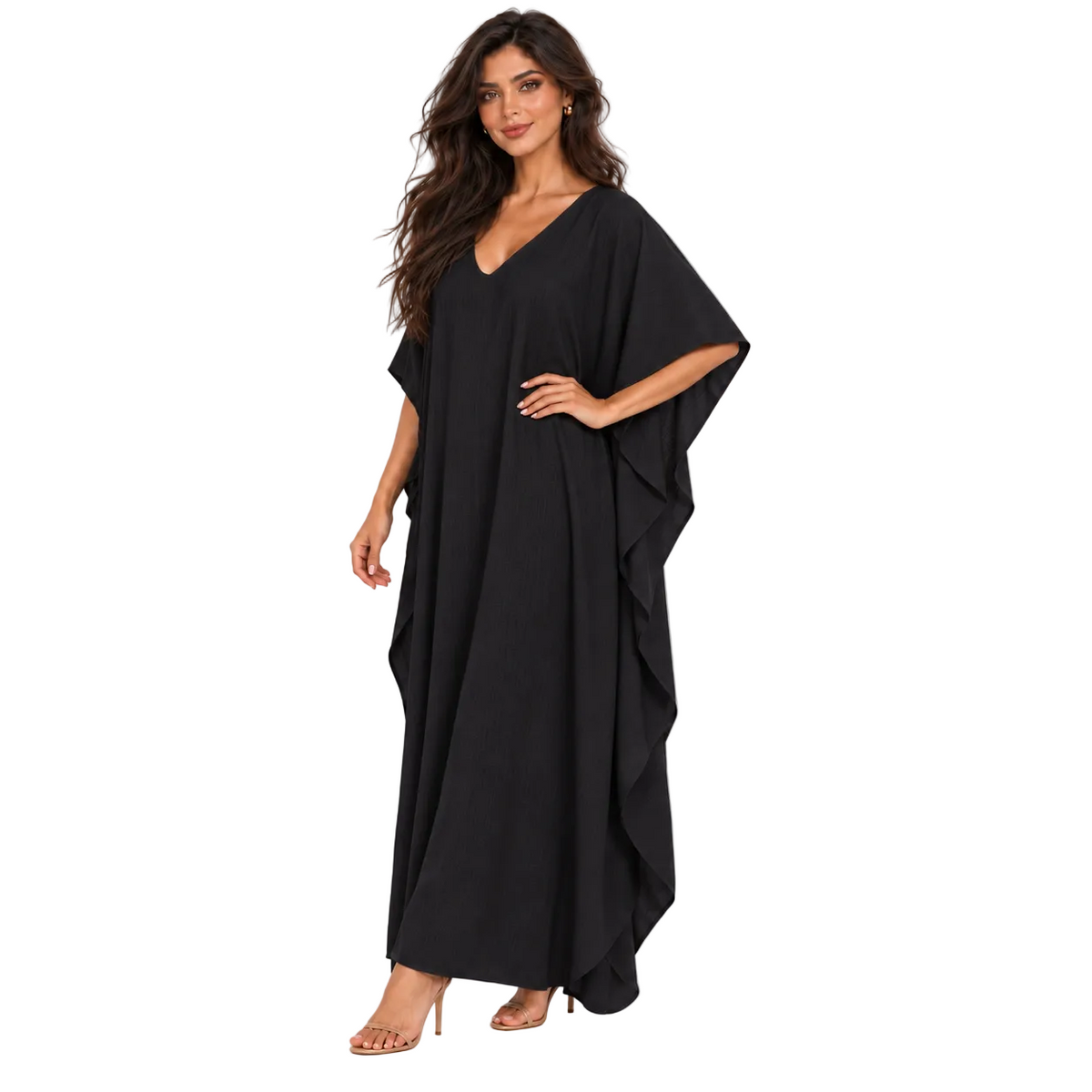 Elegant Black Linen Kaftan Maxi Dress-2
