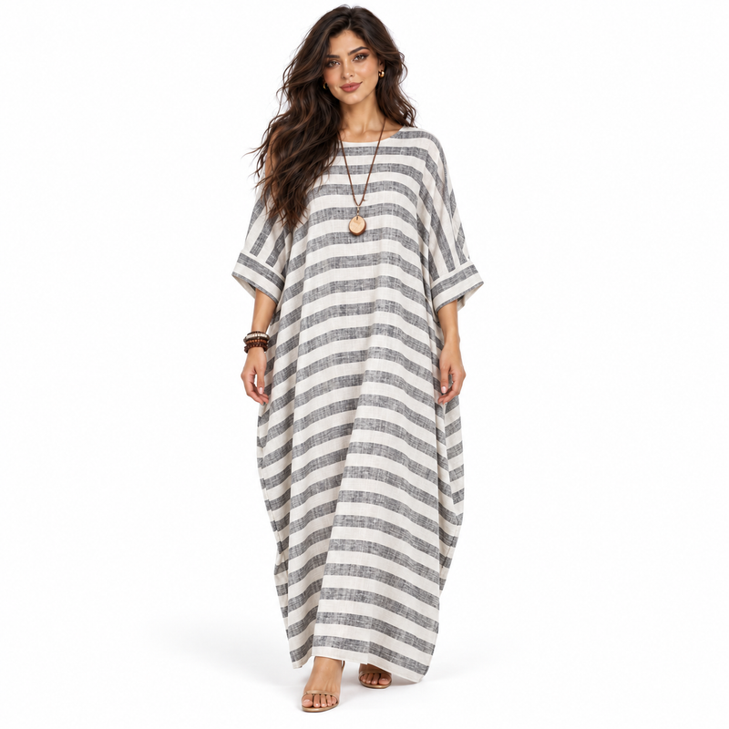 Elegant Striped Cotton Linen Kaftan Maxi-1