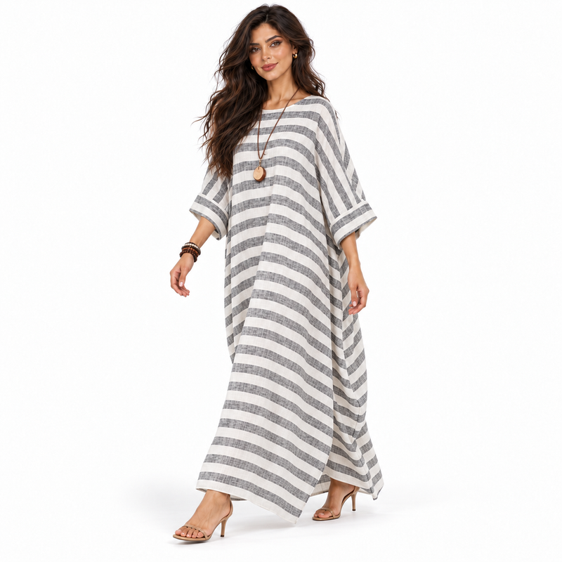 Elegant Striped Cotton Linen Kaftan Maxi-3
