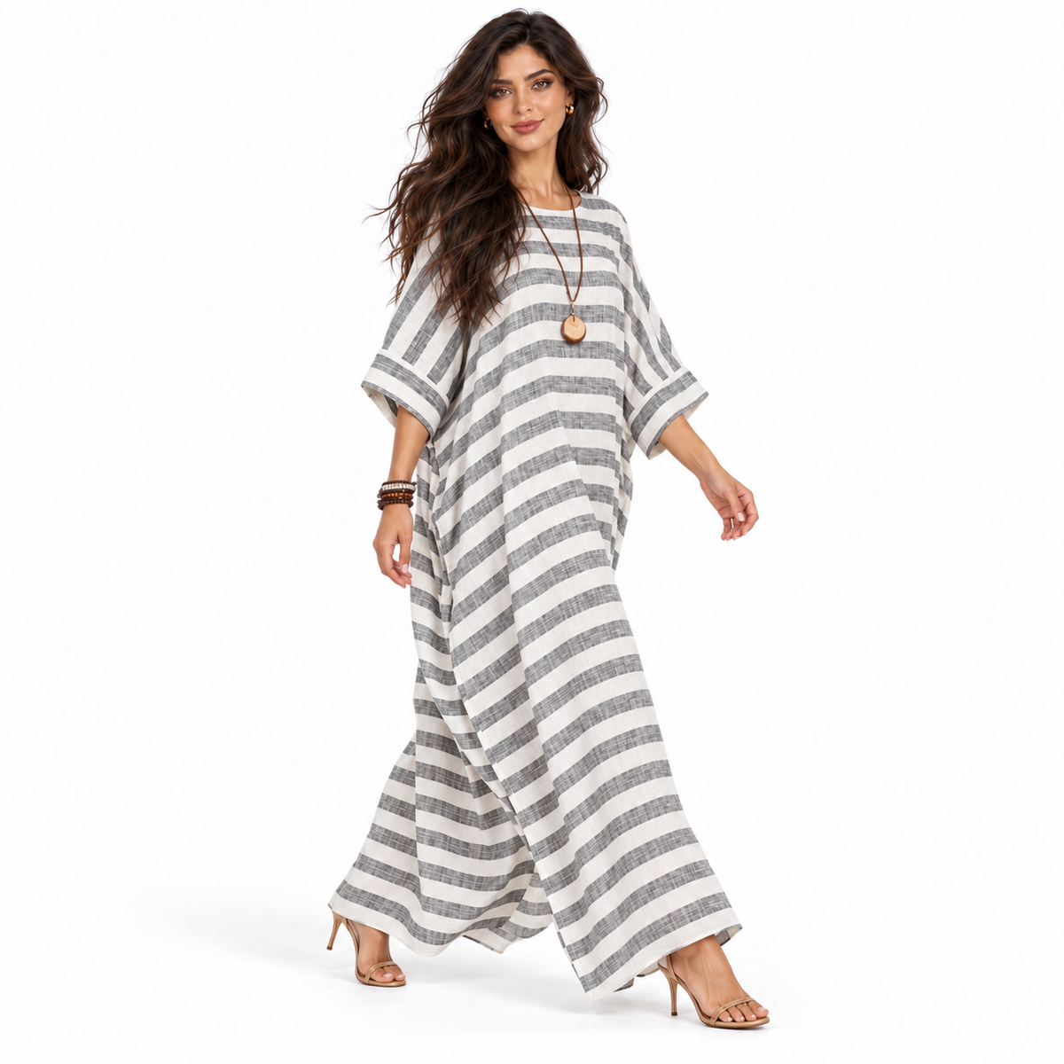 Elegant Striped Cotton Linen Kaftan Maxi-2