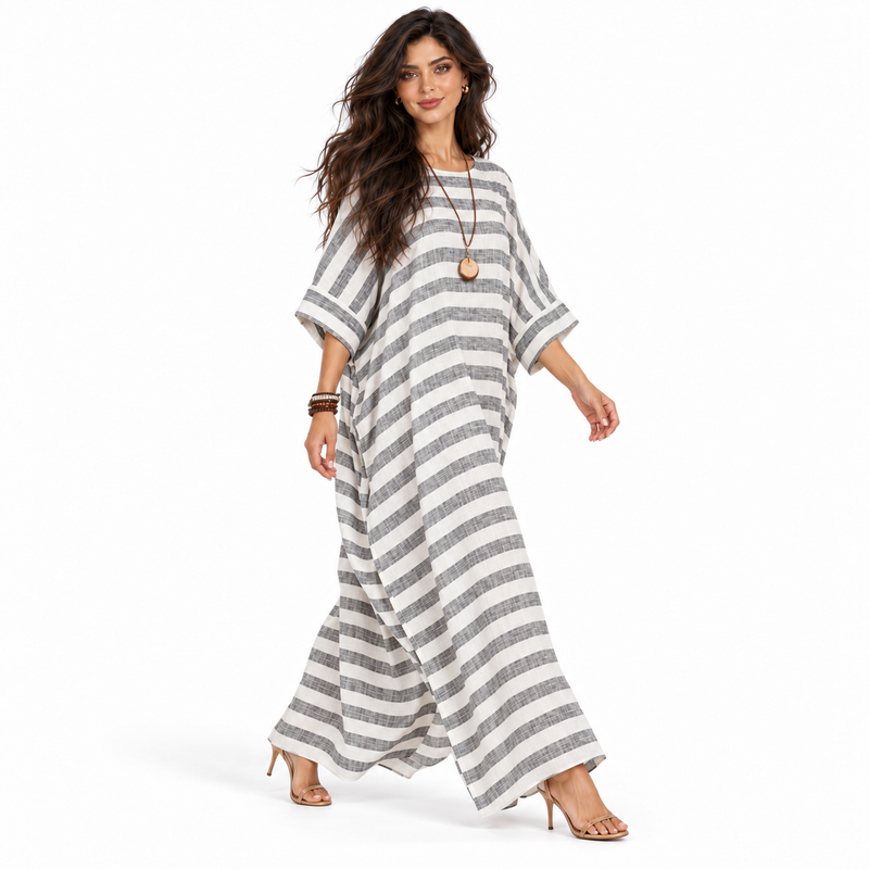 Elegant Striped Cotton Linen Kaftan Maxi-2