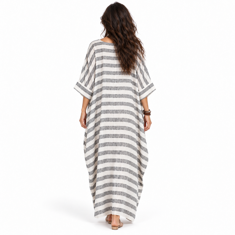 Elegant Striped Cotton Linen Kaftan Maxi-4