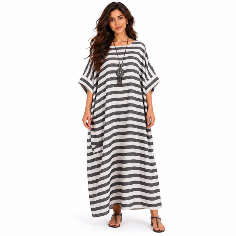Elegant Black Striped Relaxed Linen Kaftan-1