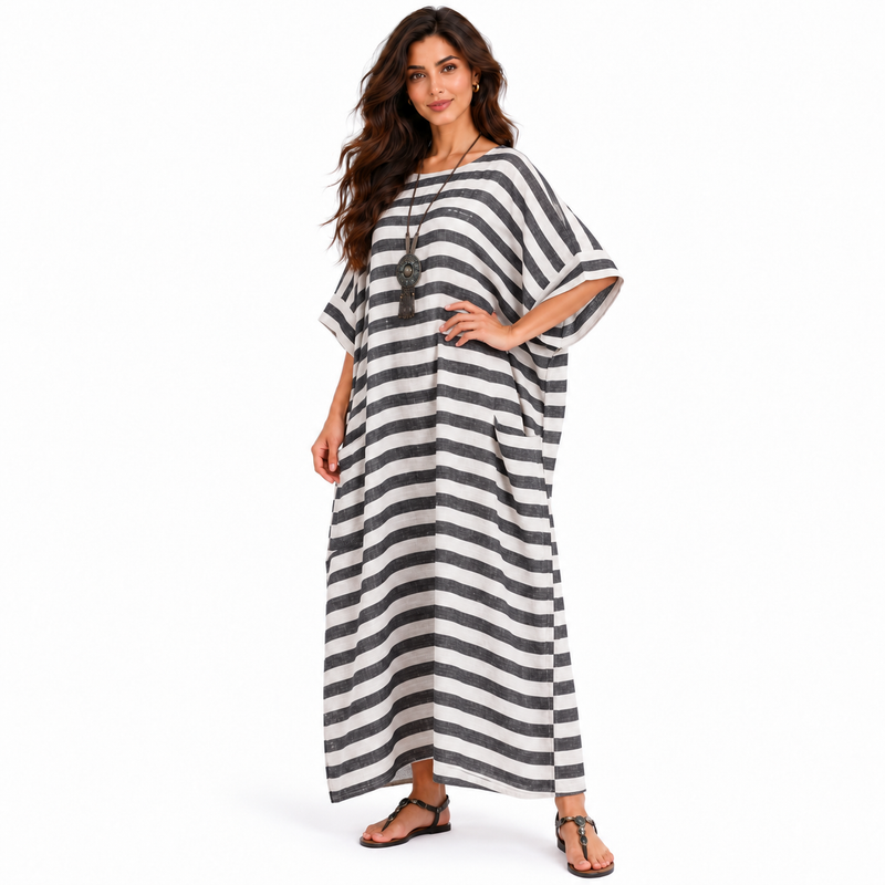 Elegant Black Striped Relaxed Linen Kaftan-2