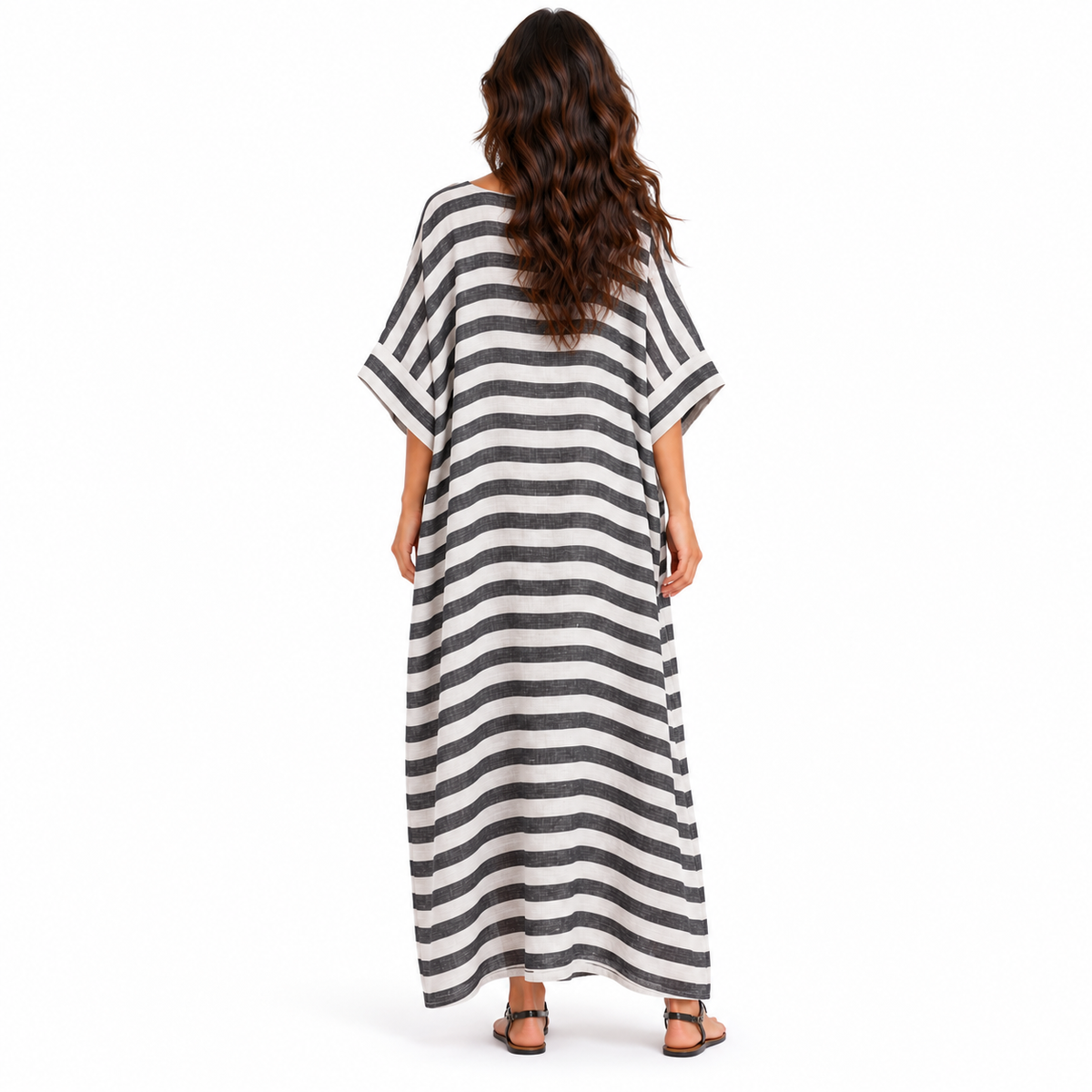 Elegant Black Striped Relaxed Linen Kaftan-4