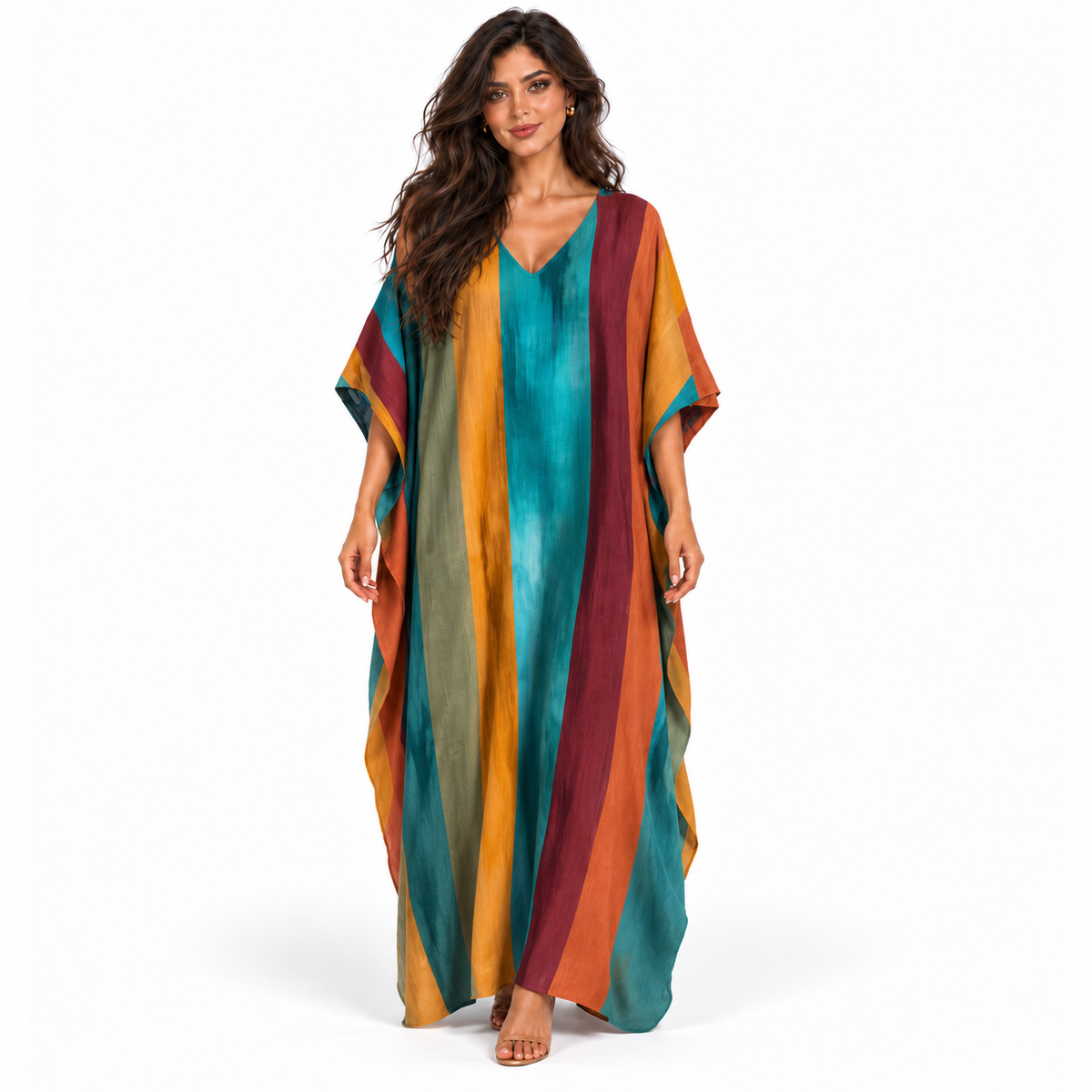 Elegant Multicolor Striped Linen Kaftan Dress