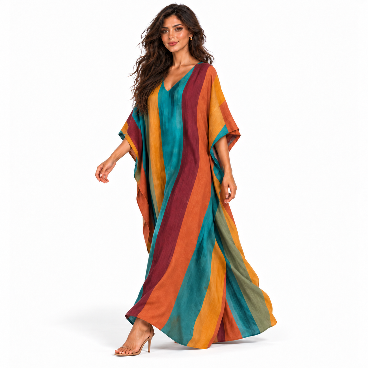 Elegant Multicolor Striped Linen Kaftan Dress-3