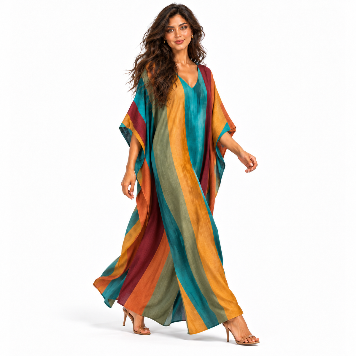 Elegant Multicolor Striped Linen Kaftan Dress-2