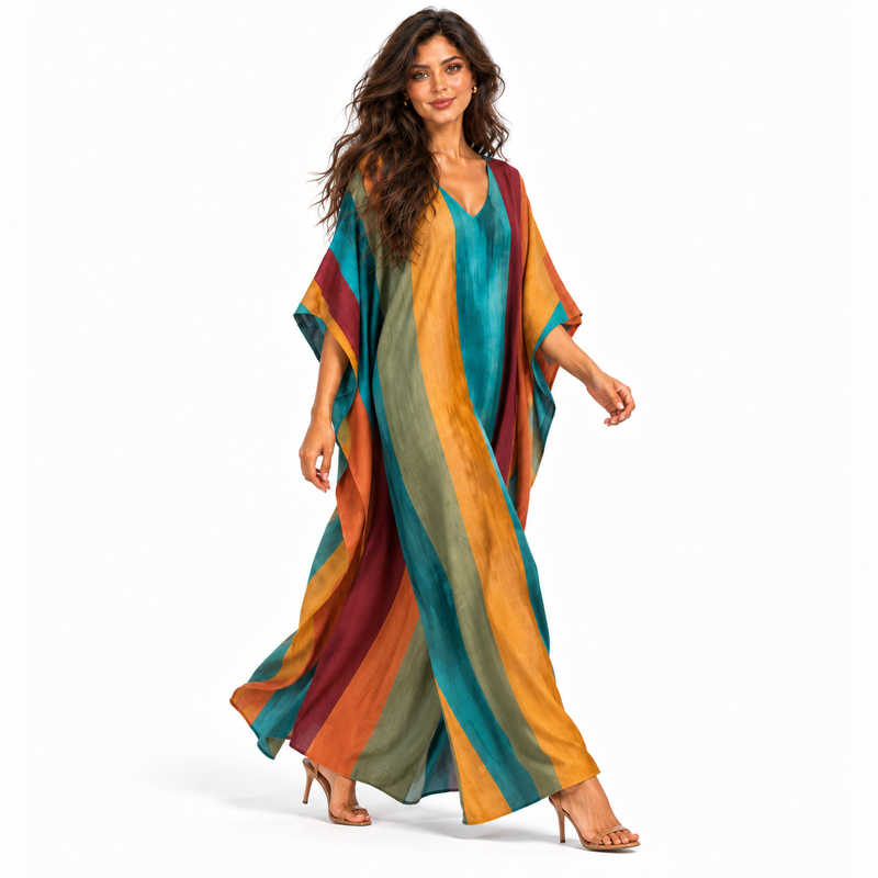 Elegant Multicolor Striped Linen Kaftan Dress-2