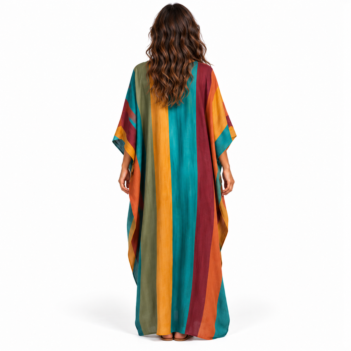 Elegant Multicolor Striped Linen Kaftan Dress-4