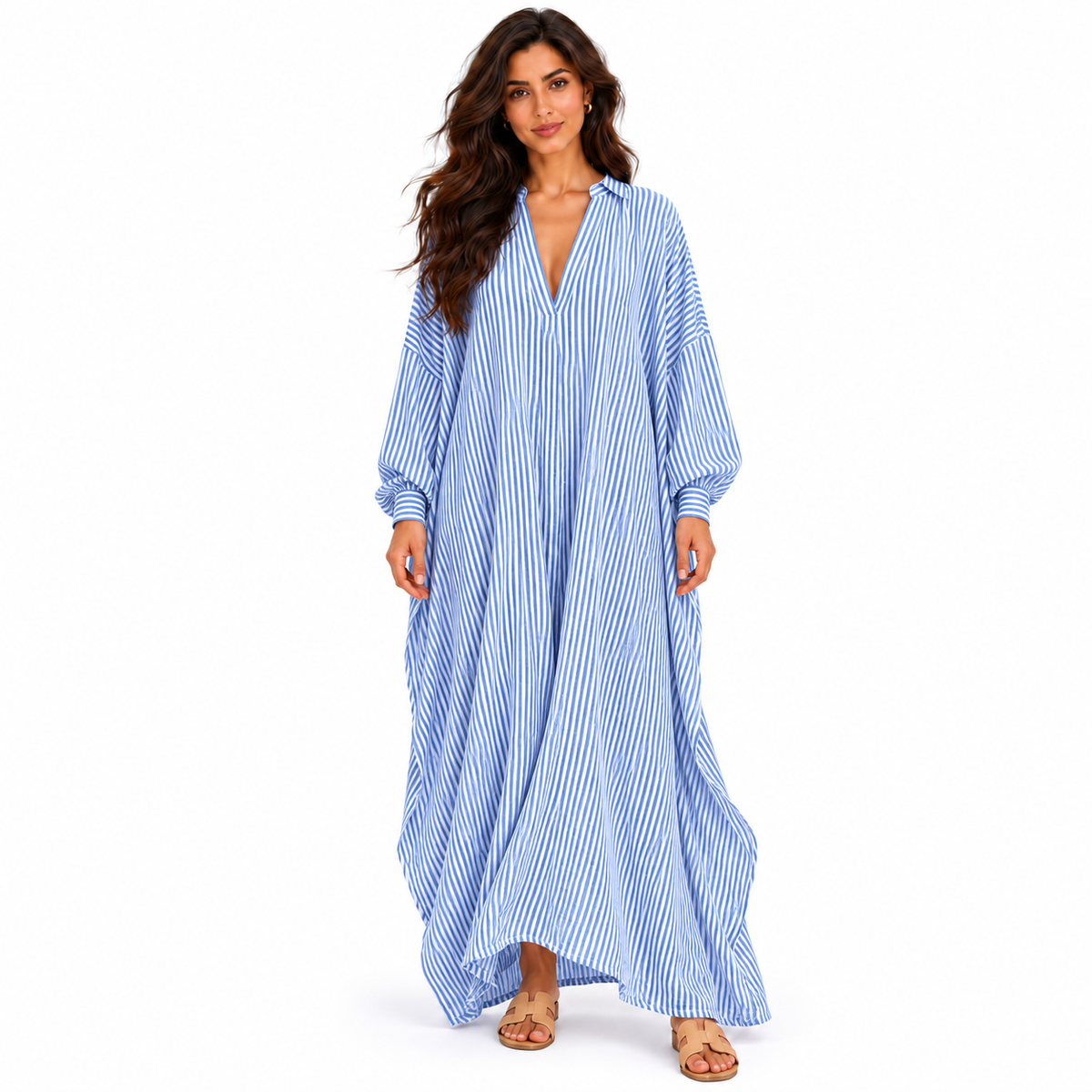 Elegant Blue Striped Oversized Linen Kaftan-1