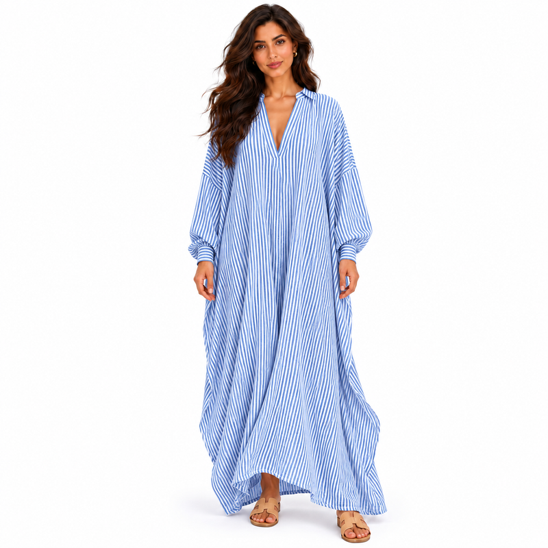Elegant Blue Striped Oversized Linen Kaftan-1