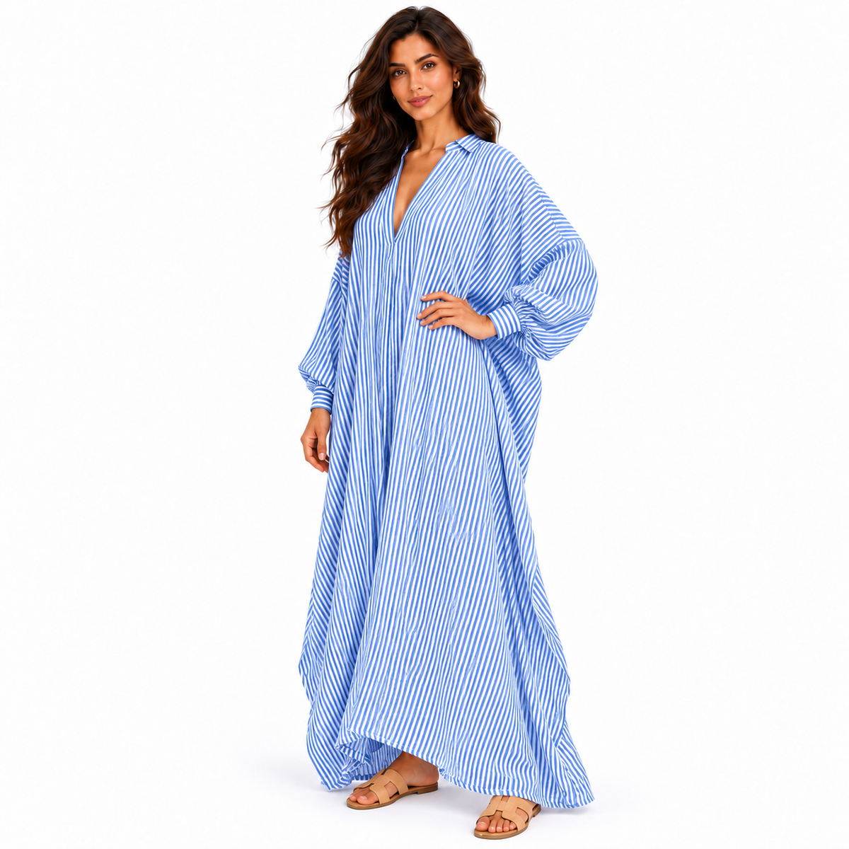 Elegant Blue Striped Oversized Linen Kaftan-3