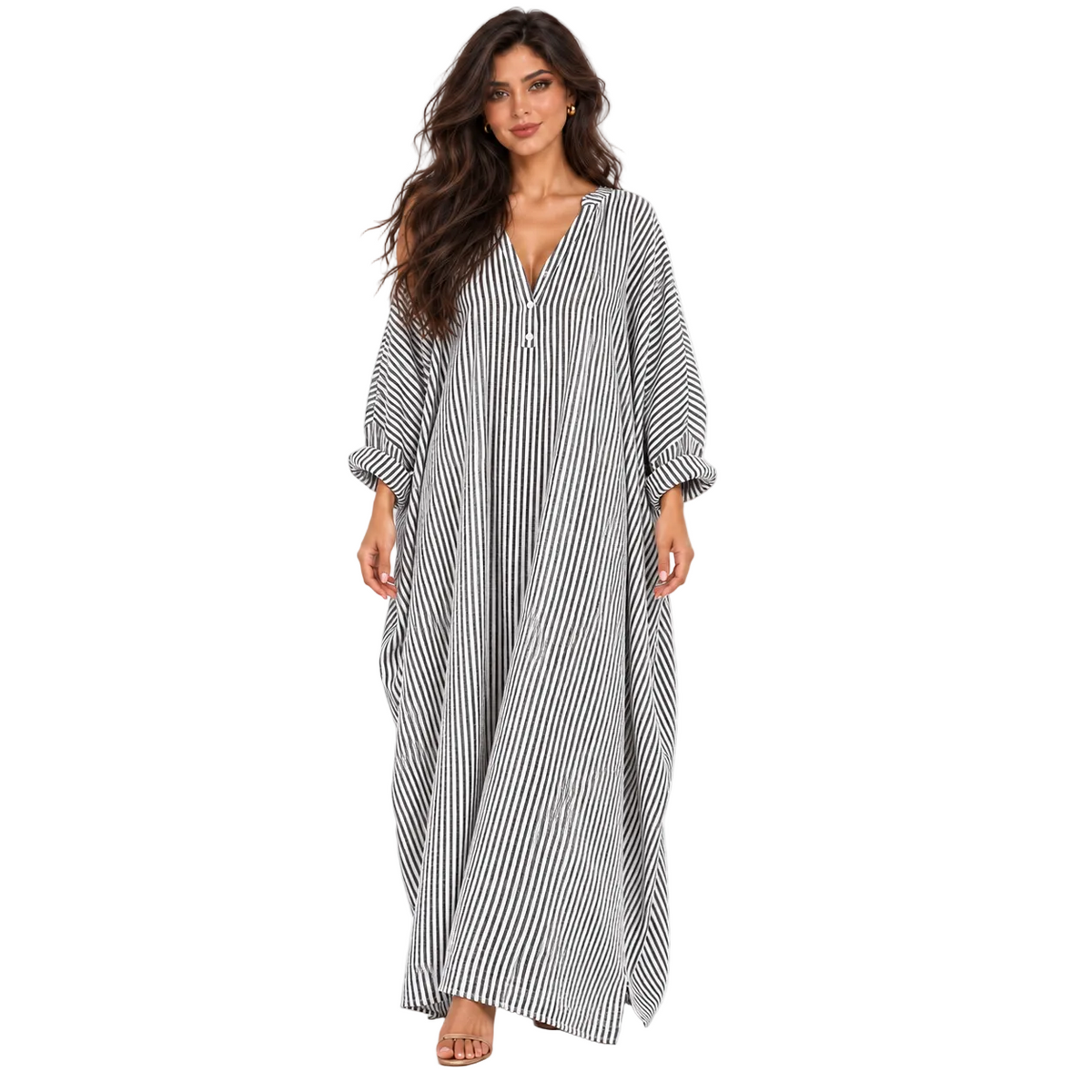 Elegant Black Striped Linen Kaftan Dress-1