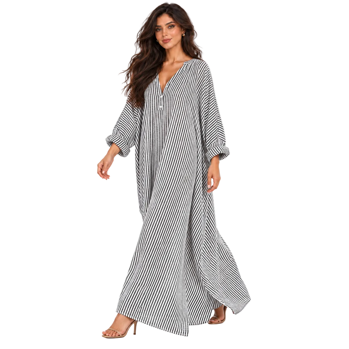 Elegant Black Striped Linen Kaftan Dress-3