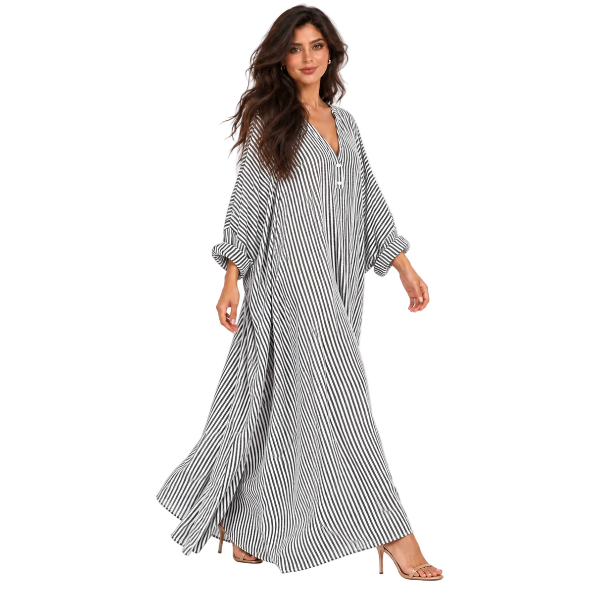 Elegant Black Striped Linen Kaftan Dress-2