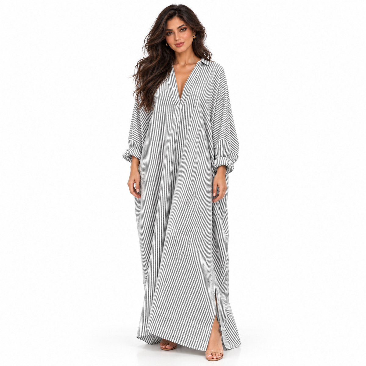 Elegant Grey Striped Cotton Linen Kaftan-1