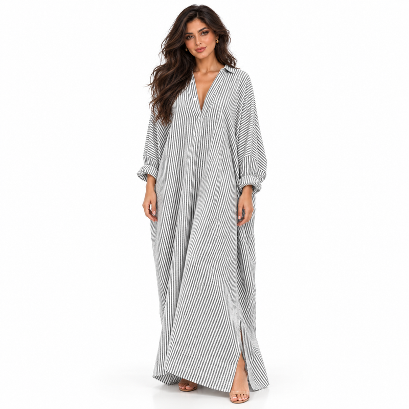 Elegant Grey Striped Cotton Linen Kaftan-1