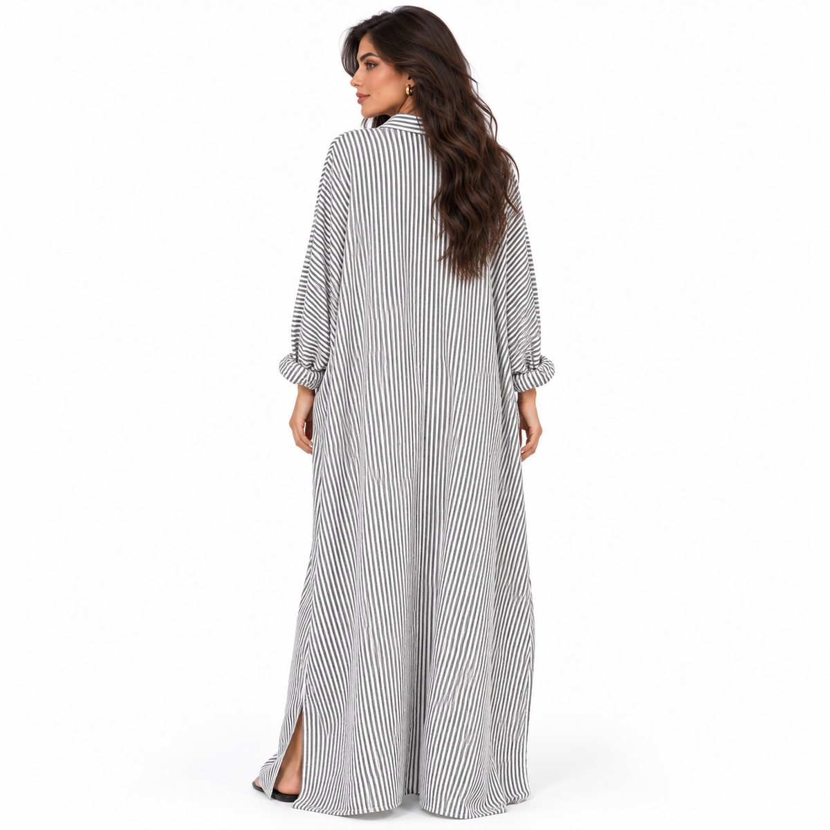 Elegant Grey Striped Cotton Linen Kaftan-4
