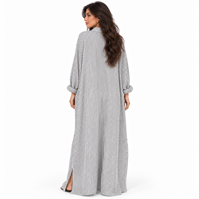 Elegant Grey Striped Cotton Linen Kaftan-4