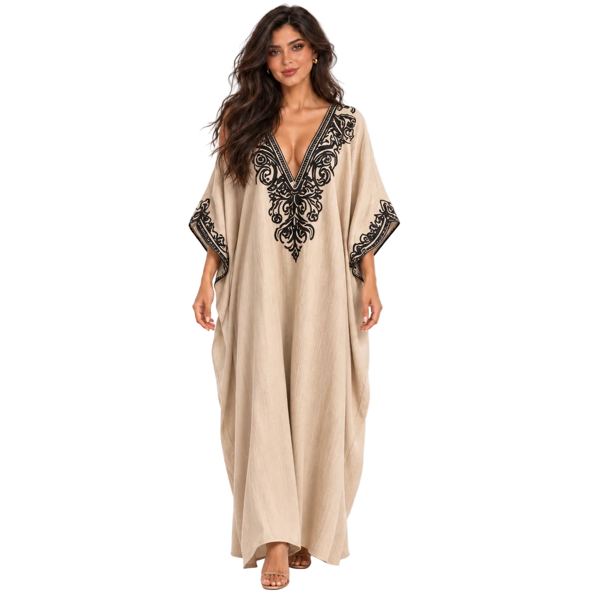 Elegant Khaki Embroidered Linen Kaftan Dress