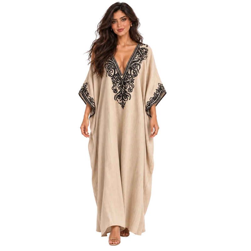 Elegant Khaki Embroidered Linen Kaftan Dress-1