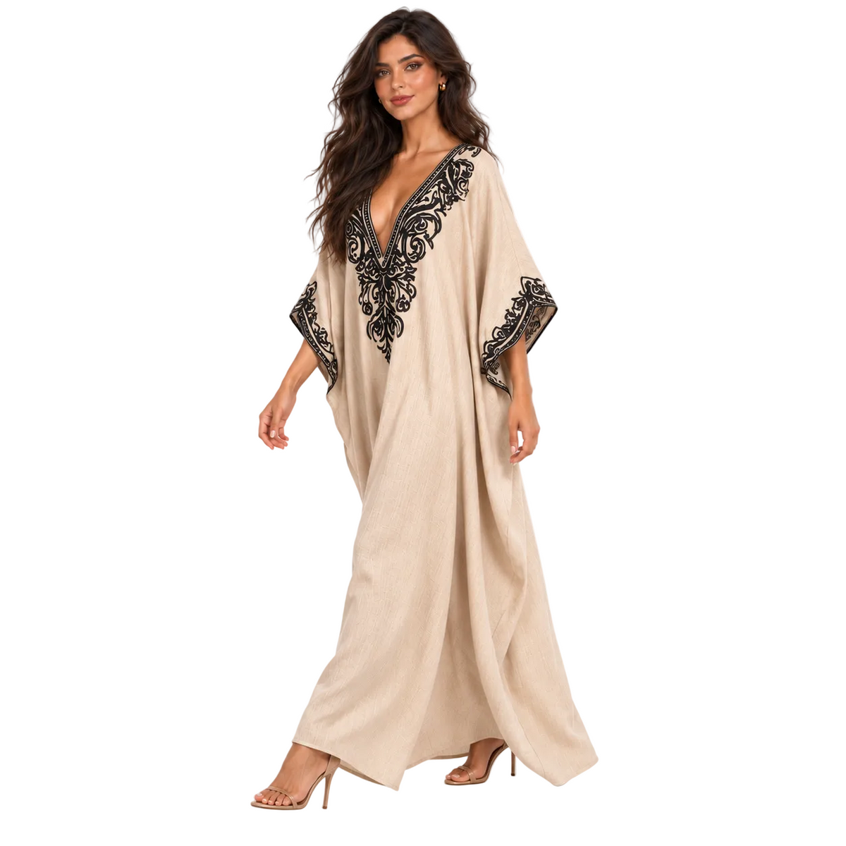 Elegant Khaki Embroidered Linen Kaftan Dress-3