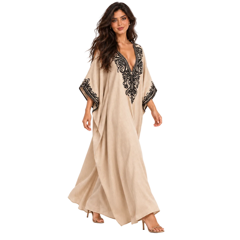 Elegant Khaki Embroidered Linen Kaftan Dress-2