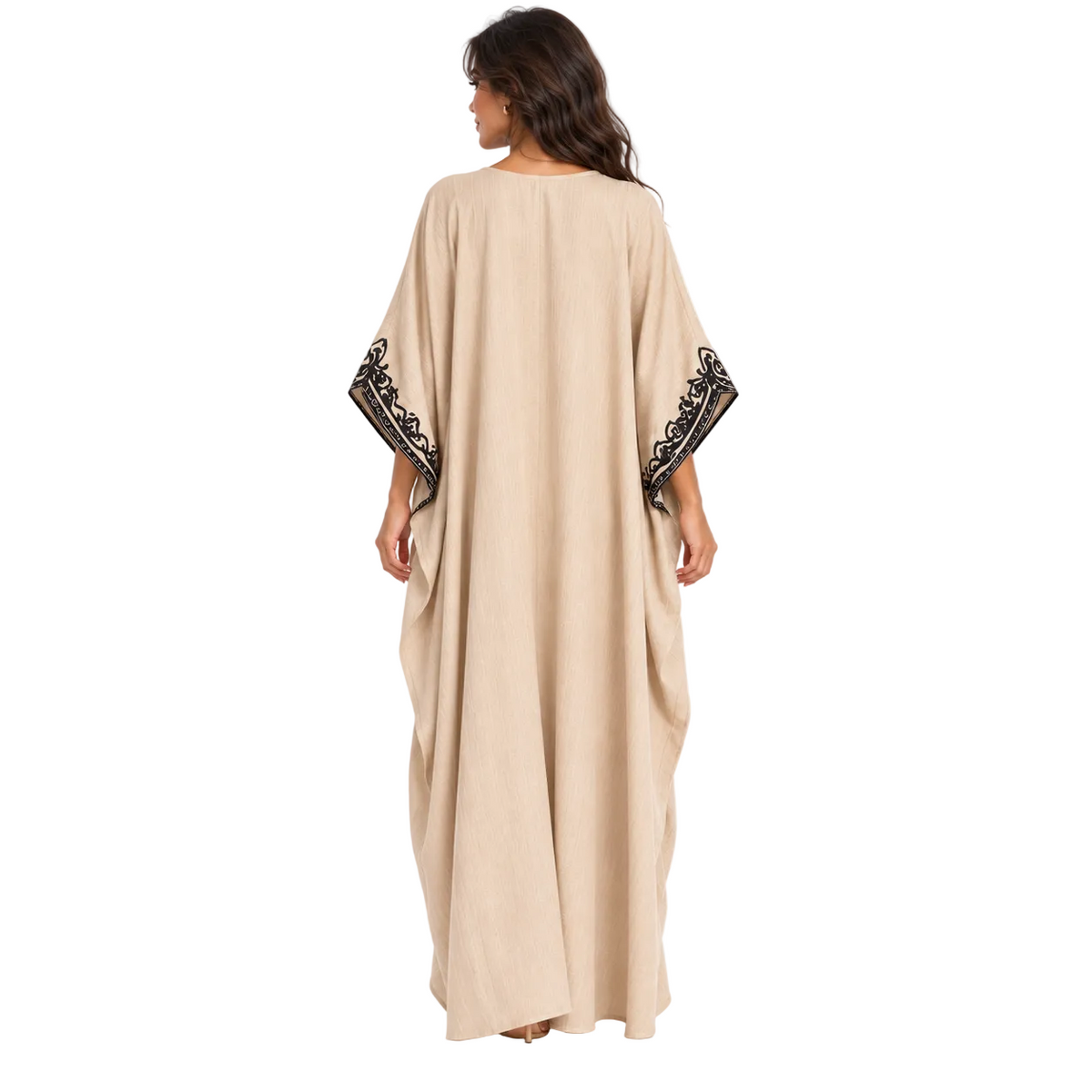 Elegant Khaki Embroidered Linen Kaftan Dress-4