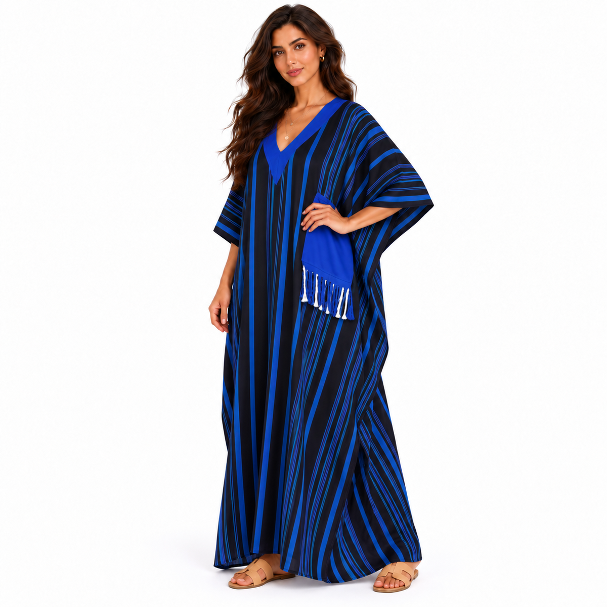 Elegant Blue Striped Oversized Linen Kaftan-2
