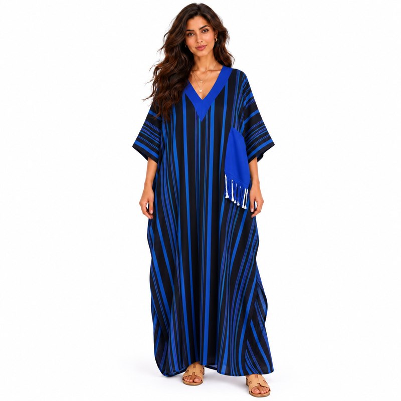 Elegant Blue Striped Oversized Linen Kaftan-1