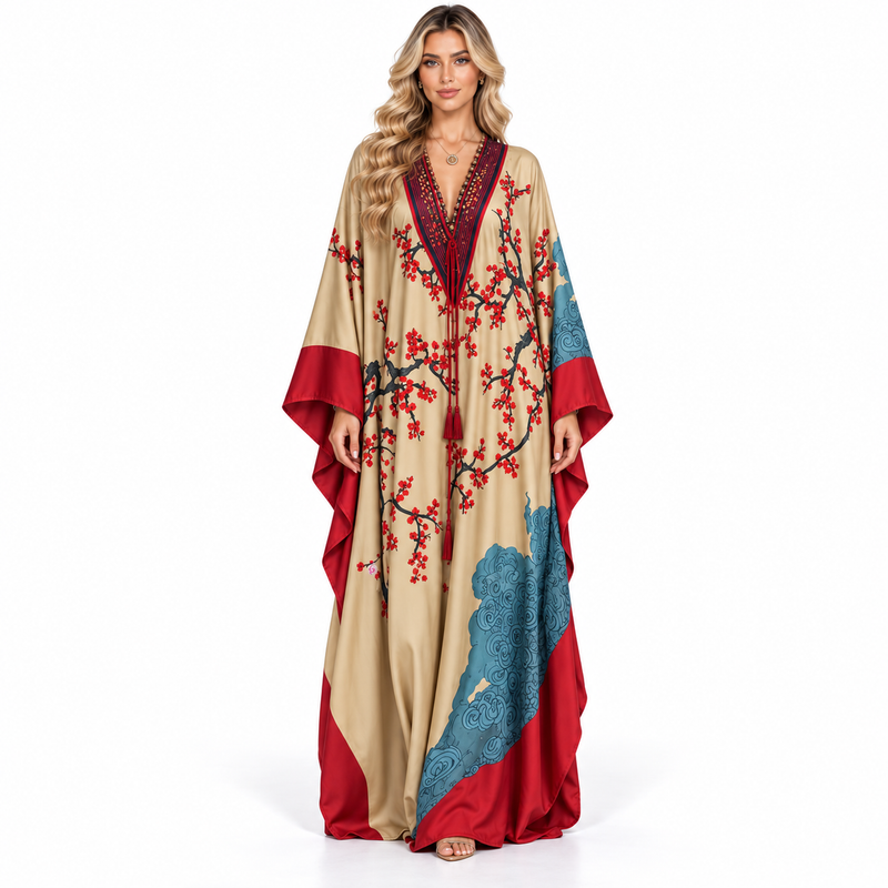 Beige Floral Print Elegant Modern Kaftan-1
