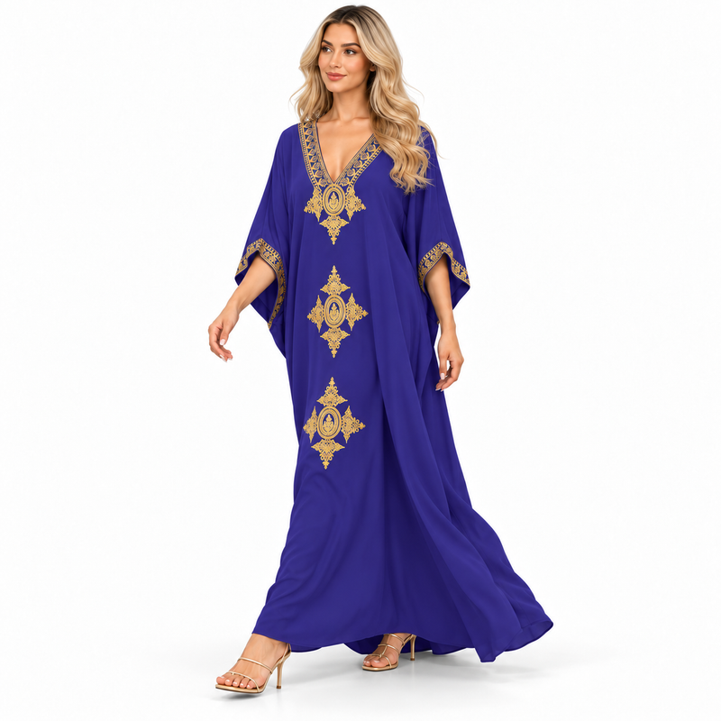 Royal Blue Gold Embroidery Modern Kaftan-3
