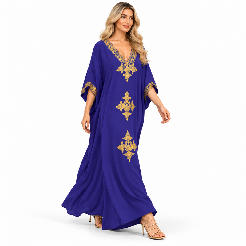 Royal Blue Gold Embroidery Modern Kaftan-2