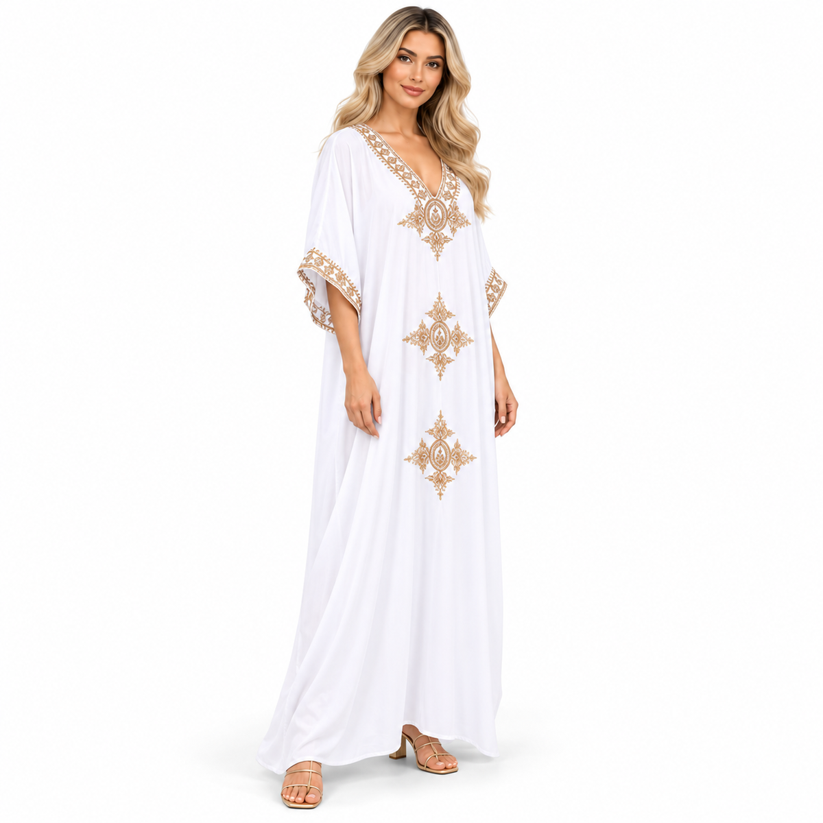 Elegant White Gold Embroidery Modern Kaftan-3