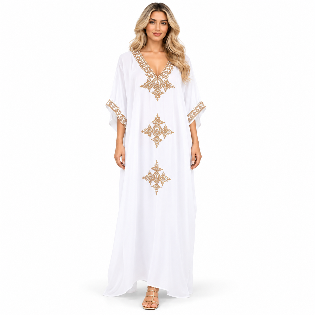 Elegant White Gold Embroidery Modern Kaftan-1