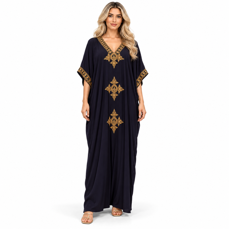 Elegant Navy Gold Embroidery Modern Kaftan-1