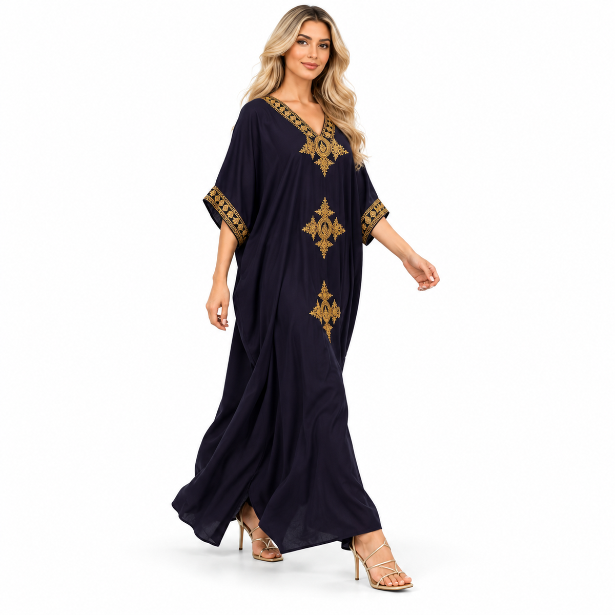 Elegant Navy Gold Embroidery Modern Kaftan-2