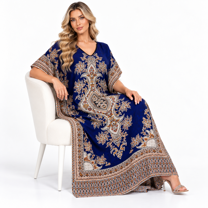 Royal Blue Ornate Print Modern Kaftan-3