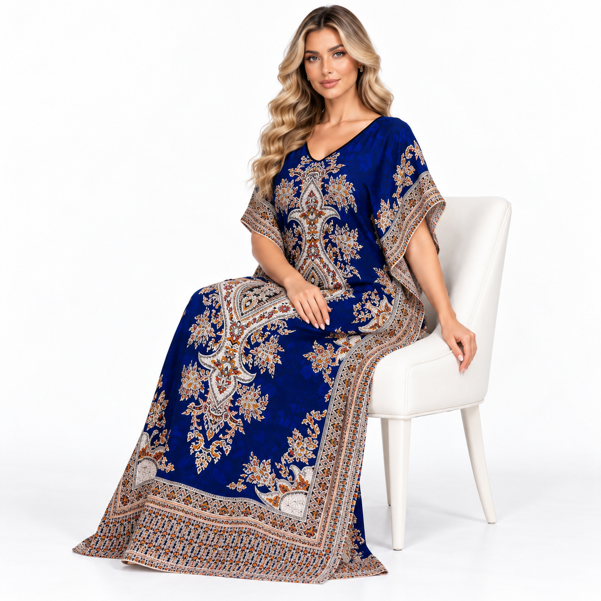 Royal Blue Ornate Print Modern Kaftan-2