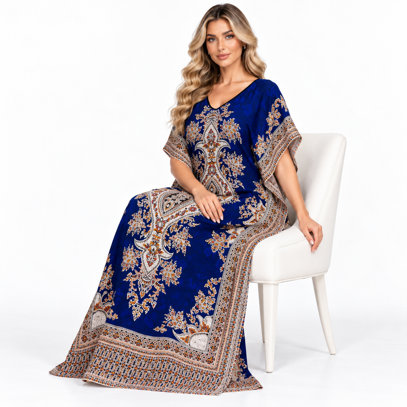 Royal Blue Ornate Print Modern Kaftan-2