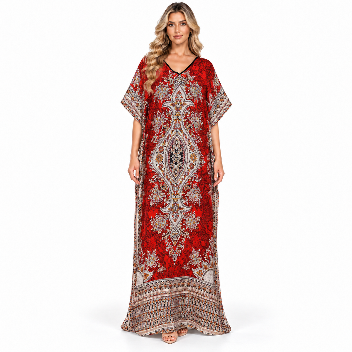 Red Ornate Paisley Printed Modern Kaftan-1