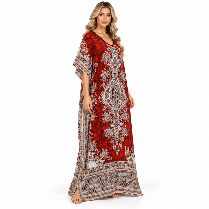 Red Ornate Paisley Printed Modern Kaftan-3