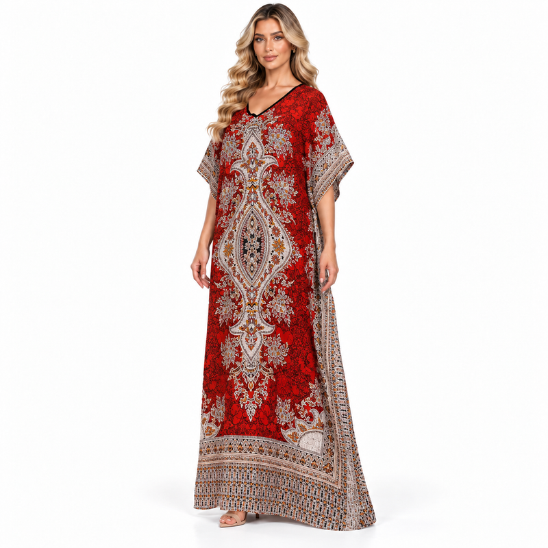 Red Ornate Paisley Printed Modern Kaftan-2
