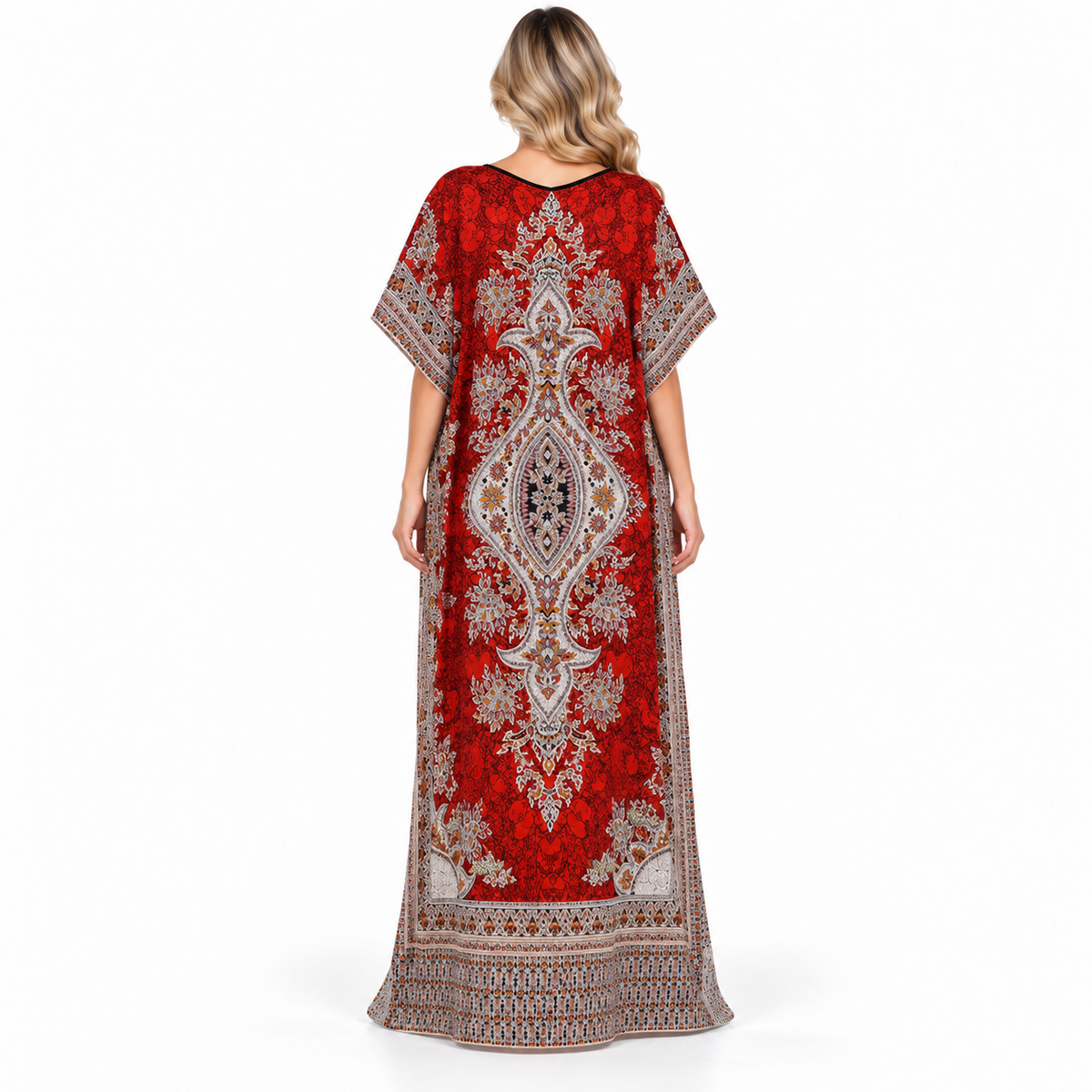 Red Ornate Paisley Printed Modern Kaftan-4