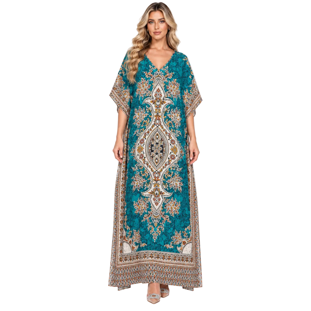 Green Ornate Paisley Print Modern Kaftan-1