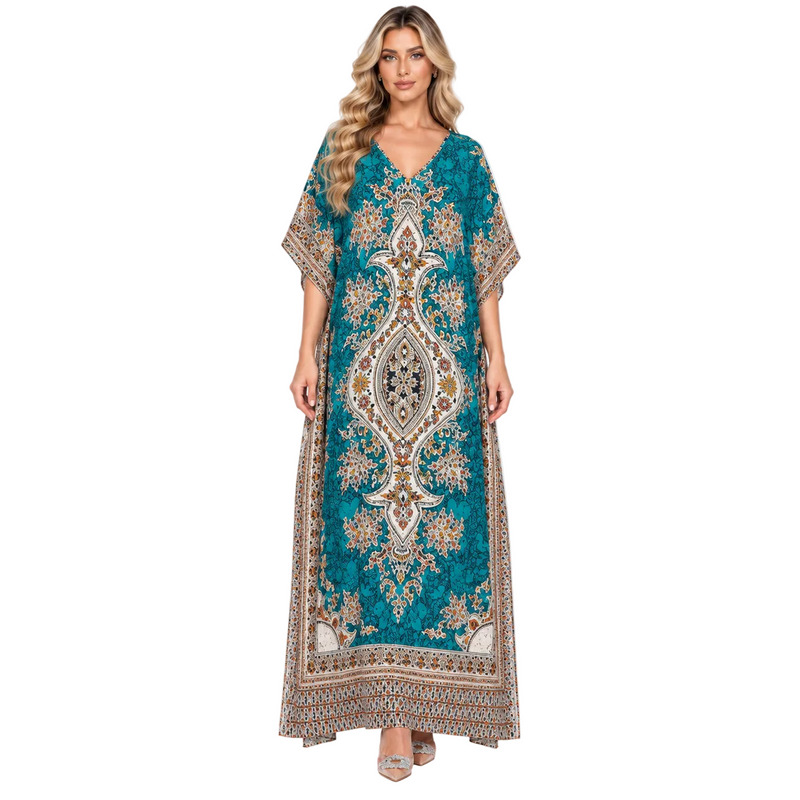 Green Ornate Paisley Print Modern Kaftan-1