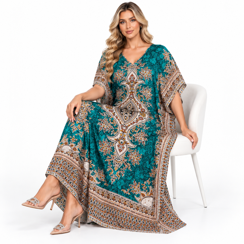 Green Ornate Paisley Print Modern Kaftan-3