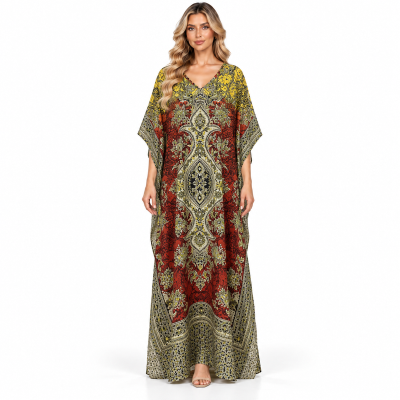 Yellow Ornate Paisley Printed Modern Kaftan-1