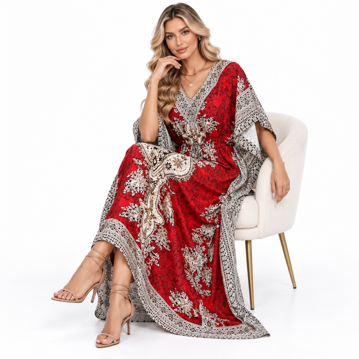 Red Ornate Paisley Printed Modern Kaftan-3